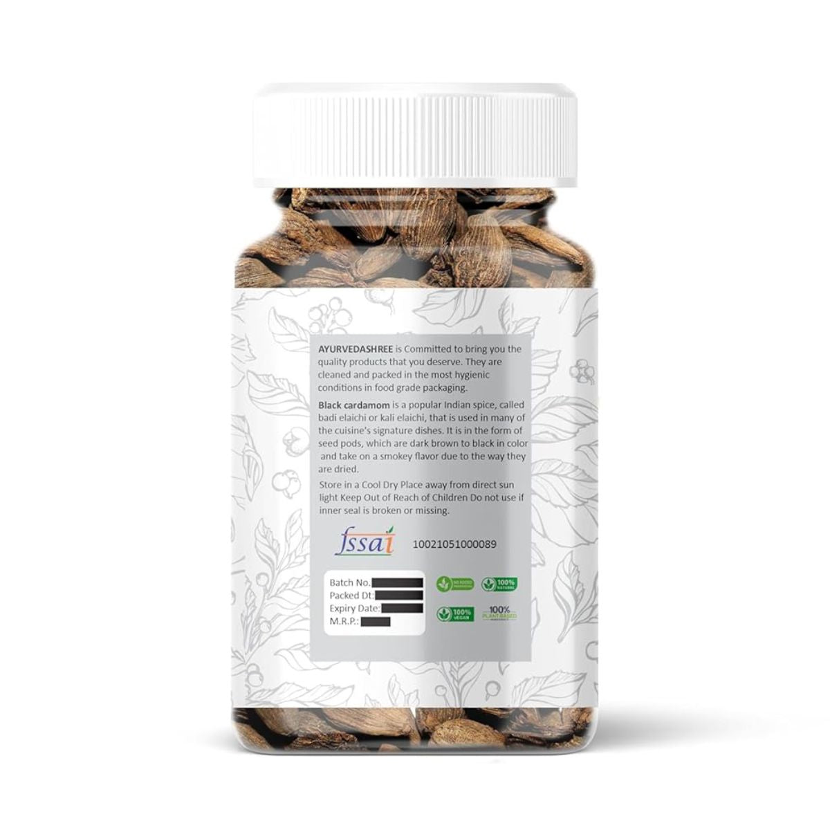 Ayurvedashree Black Cardamom Pods (Kali Elachi) Whole Indian Spice 80Gm Pet Jar ~ All Natural | Vegan
