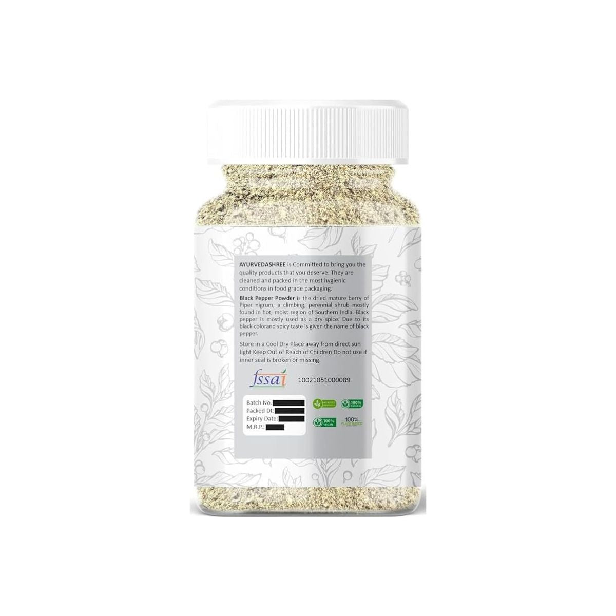 Ayurvedashree Black Pepper Powder (Peppercorns), Premium Quality 100Gm Pet Jar | All Natural