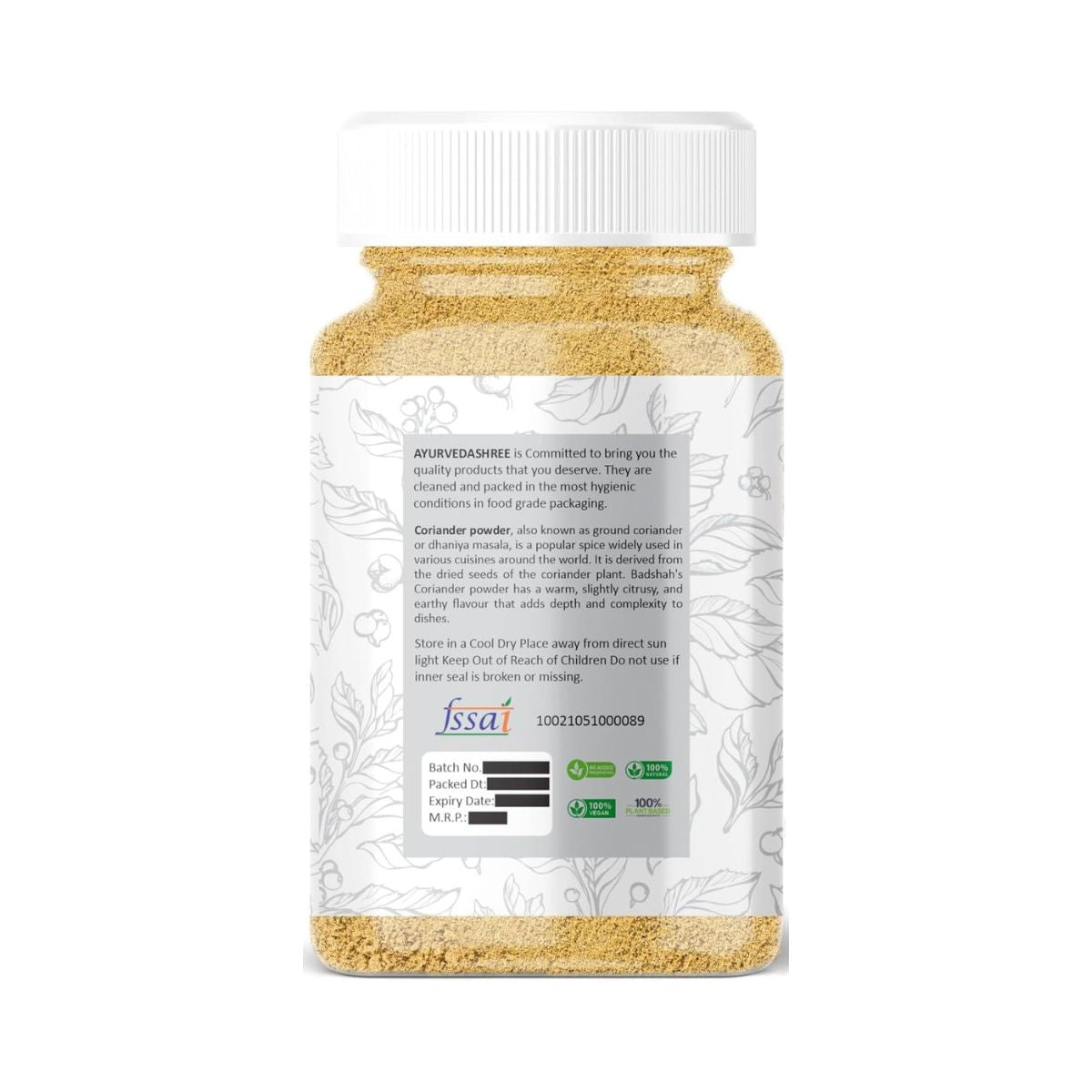 Ayurvedashree Coriander Ground Powder (Indian Dhania) Spice 100Gm Pet Jar | All Natural | Salt-Free | Vegan