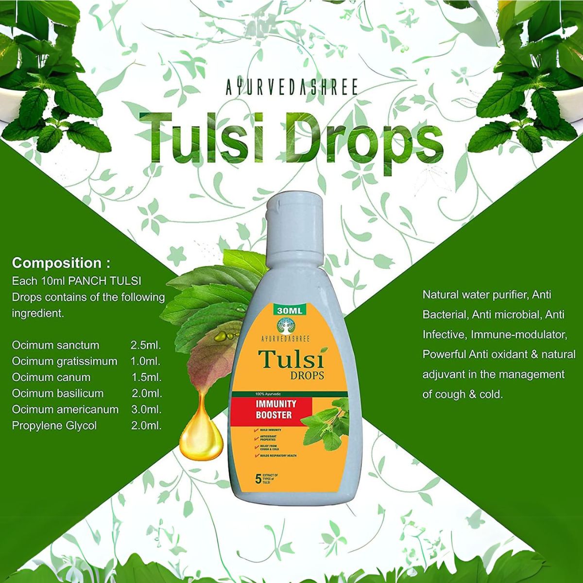 Ayurvedashree Tulsi Drops- Concentrated Extract Of 5 Rare Tulsi For Natural Immunity Boosting & Cough And Cold Relief: 30Ml