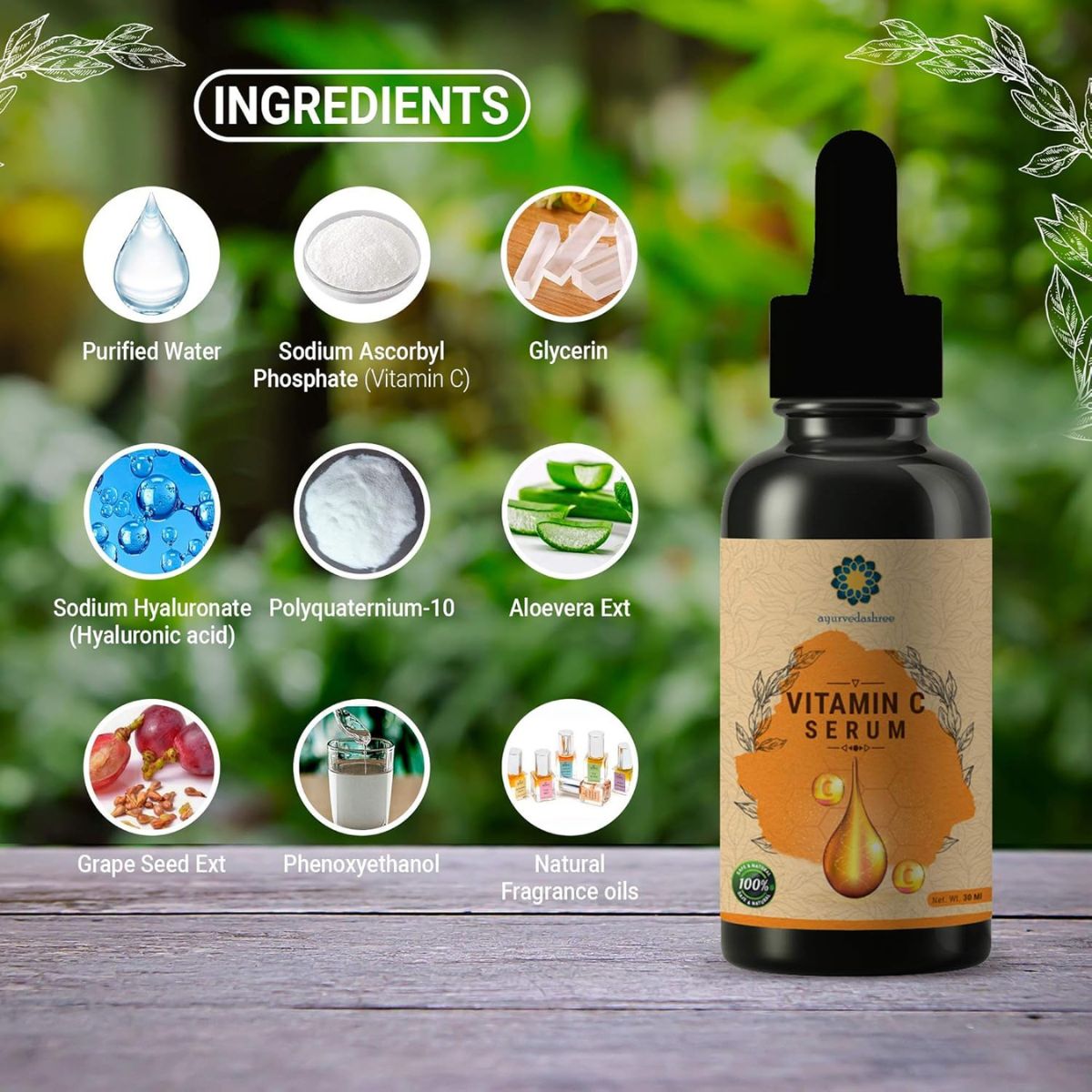 Ayurvedashree Vitamin C Serum 30 Ml With Hyaluronic Acid, Aloevera Extract & Grapeseed Extract.