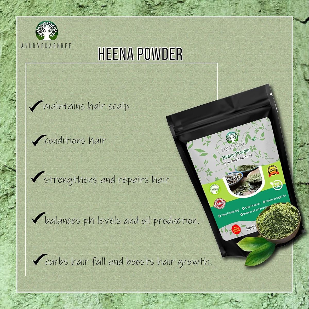 Ayurvedashree Natural & Pure Henna Powder (Lawsonia Inermis) 200 Gm | Red Henna Hair Color | Triple Sifted | No Chemical Or Additives