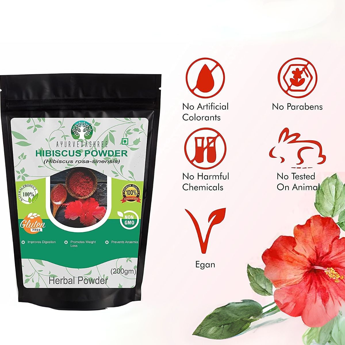 Ayurvedashree Hibiscus Flower Powder 200 Gm I Refreshing Tea I Natural Herb Hibiscus I Non Gmo I Vegan I Gmp Certified I Gluten Free