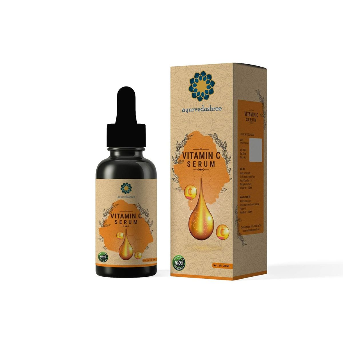 Ayurvedashree Vitamin C Serum 30 Ml With Hyaluronic Acid, Aloevera Extract & Grapeseed Extract.