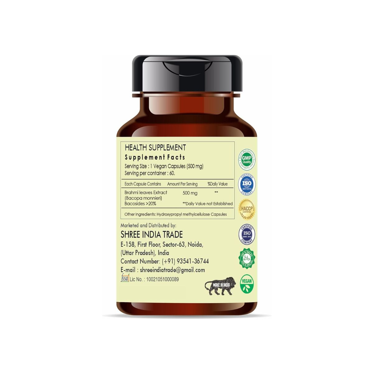 Ayurvedashree Brahmi Extract 500Mg - 60 Vegetarian Capsules|Bacopa Monnieri Bacosides|