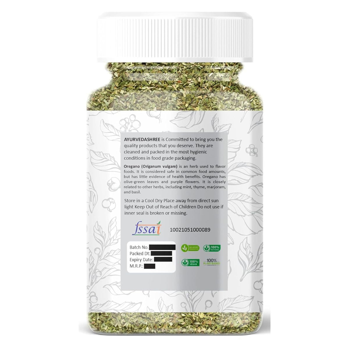 Ayurvedashree Oregano Leaves Dried 90Gm Pet Jar ~ All Natural | Vegan