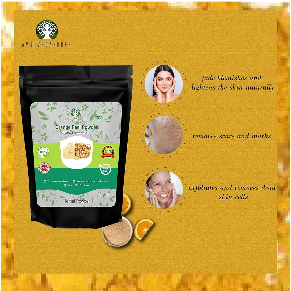 Ayurvedashree Orange Peel Powder 200 Gm | Skin And Nail Health - Rich Vitamins C And D - Powdered Citrus Peel Orange Powder
