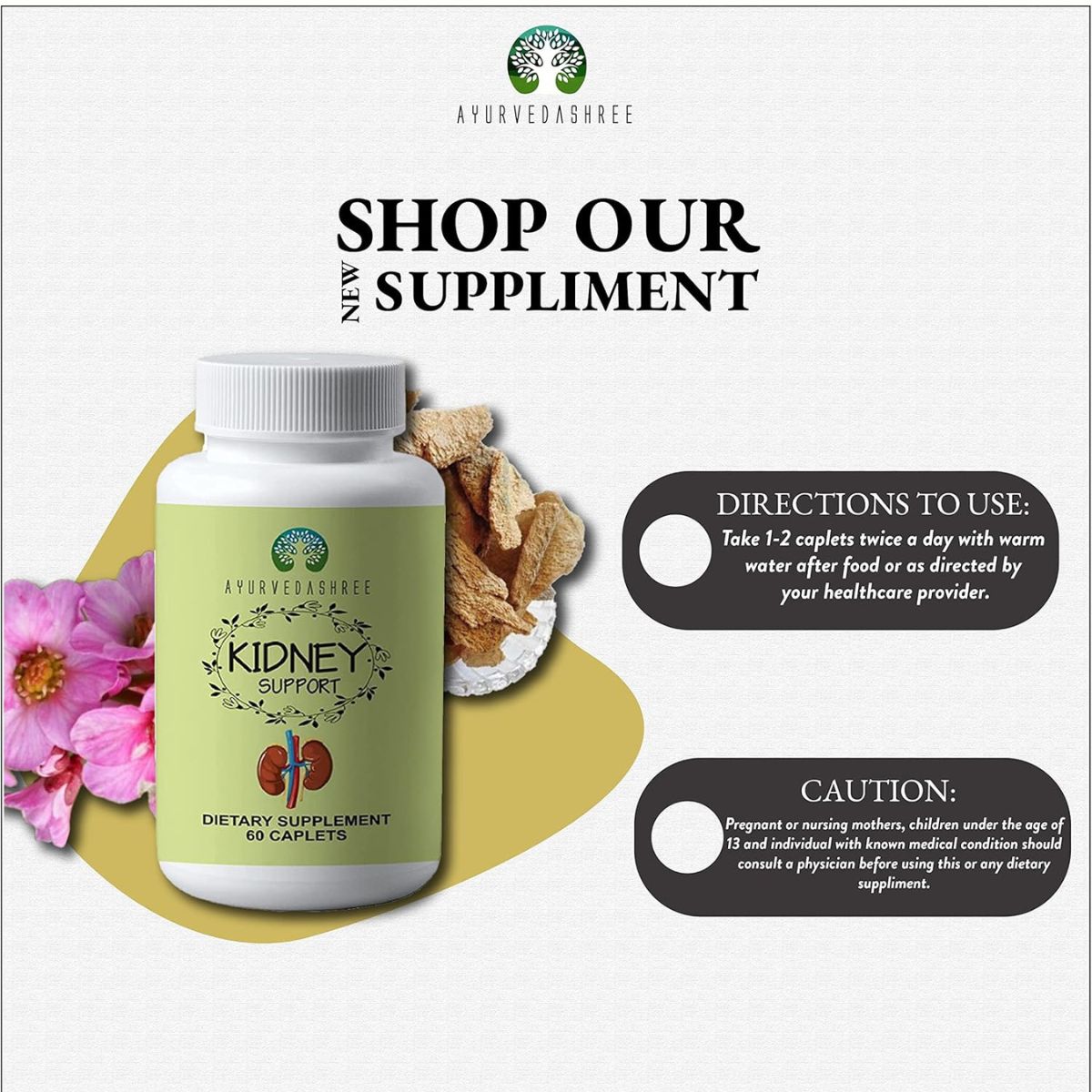 Ayurvedashree Kidney Support Herbal Supplement - Supports Healthy Kidney Function, Vegan, Gluten-Free, Gmp Certified - Each Caplet Of 1000 Mg