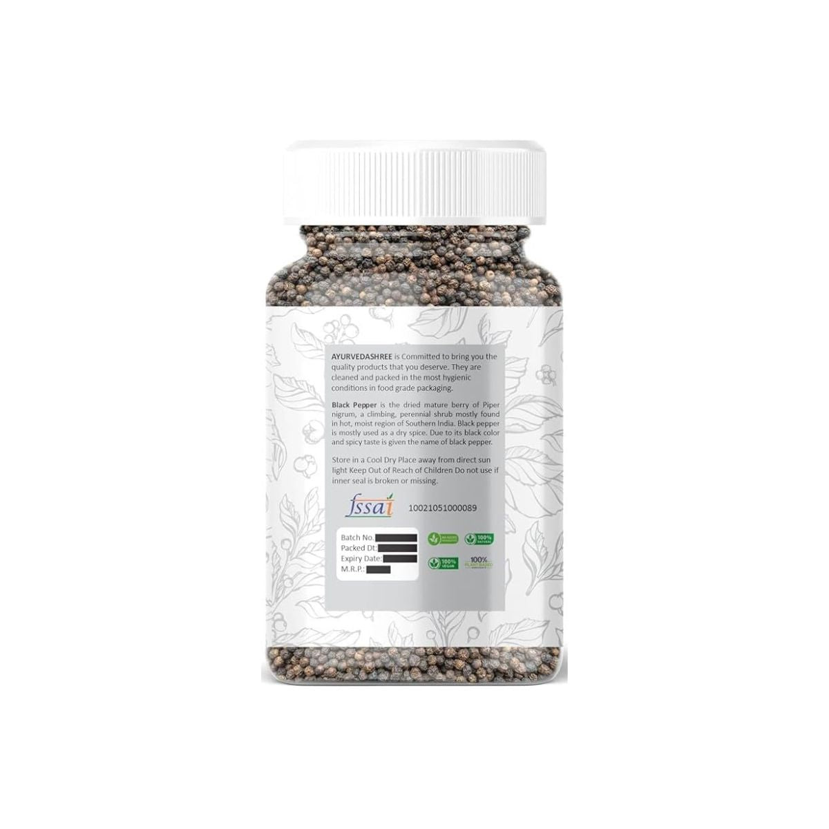 Ayurvedashree Black Pepper Whole (Peppercorns), Premium Quality 100Gm Pet Jar | All Natural