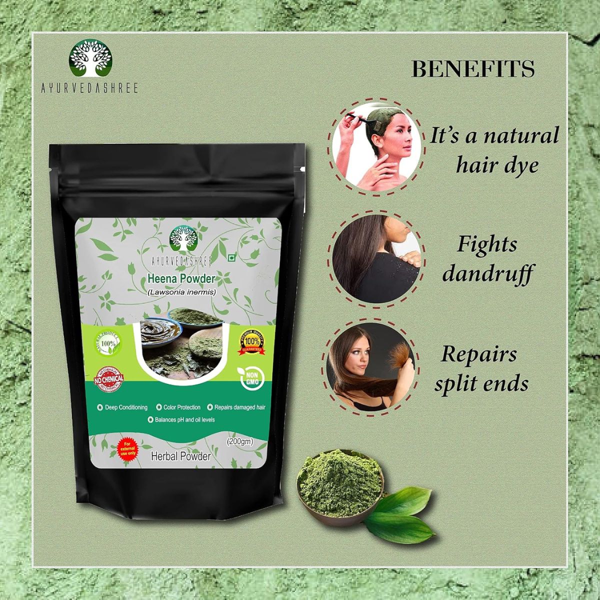 Ayurvedashree Natural & Pure Henna Powder (Lawsonia Inermis) 200 Gm | Red Henna Hair Color | Triple Sifted | No Chemical Or Additives