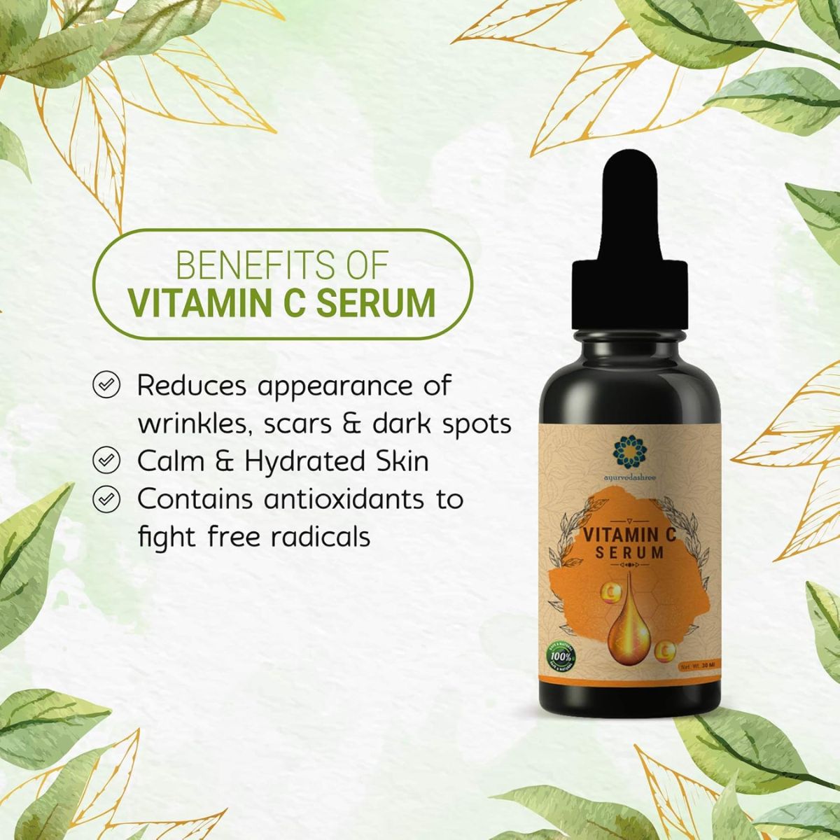 Ayurvedashree Vitamin C Serum 30 Ml With Hyaluronic Acid, Aloevera Extract & Grapeseed Extract.