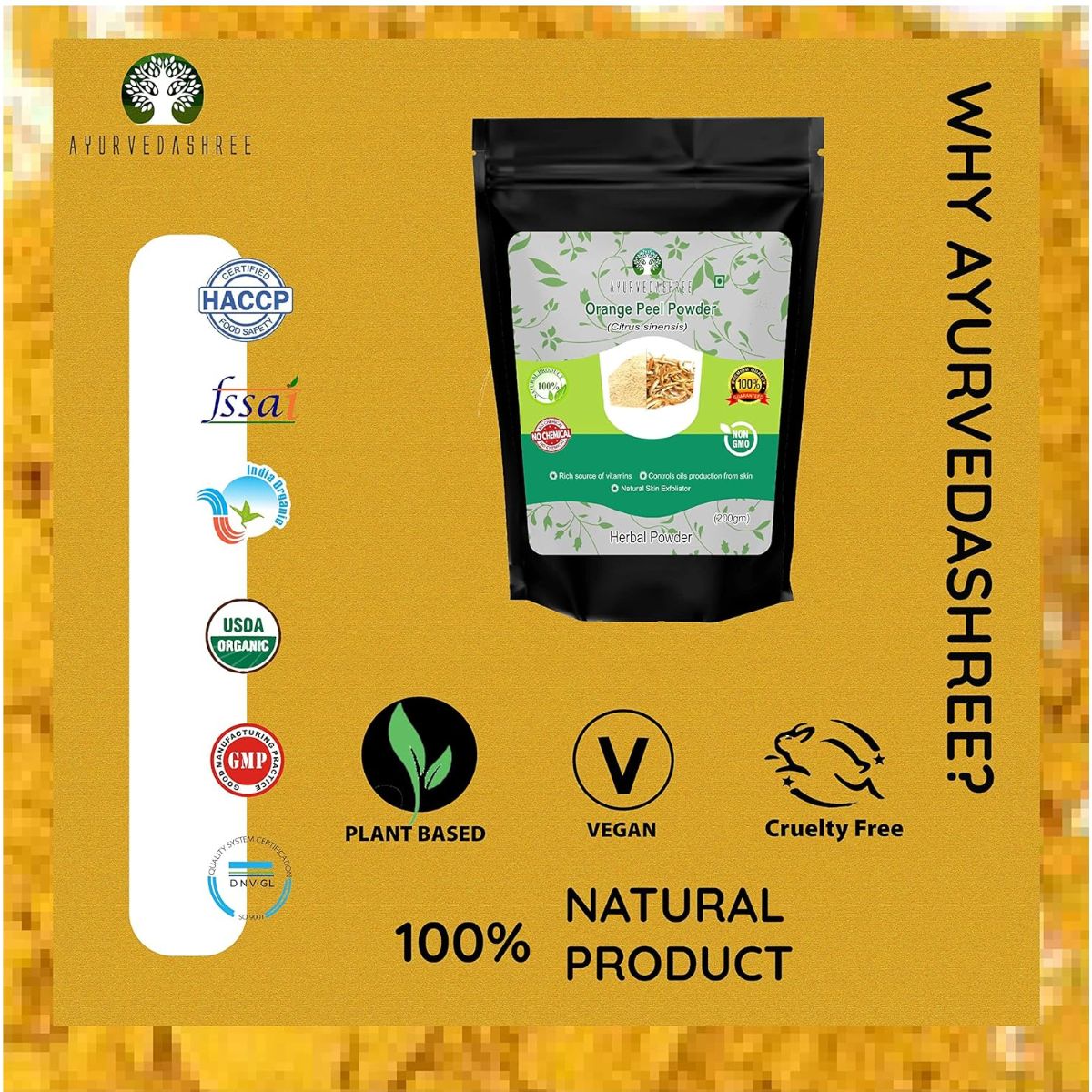 Ayurvedashree Orange Peel Powder 200 Gm | Skin And Nail Health - Rich Vitamins C And D - Powdered Citrus Peel Orange Powder