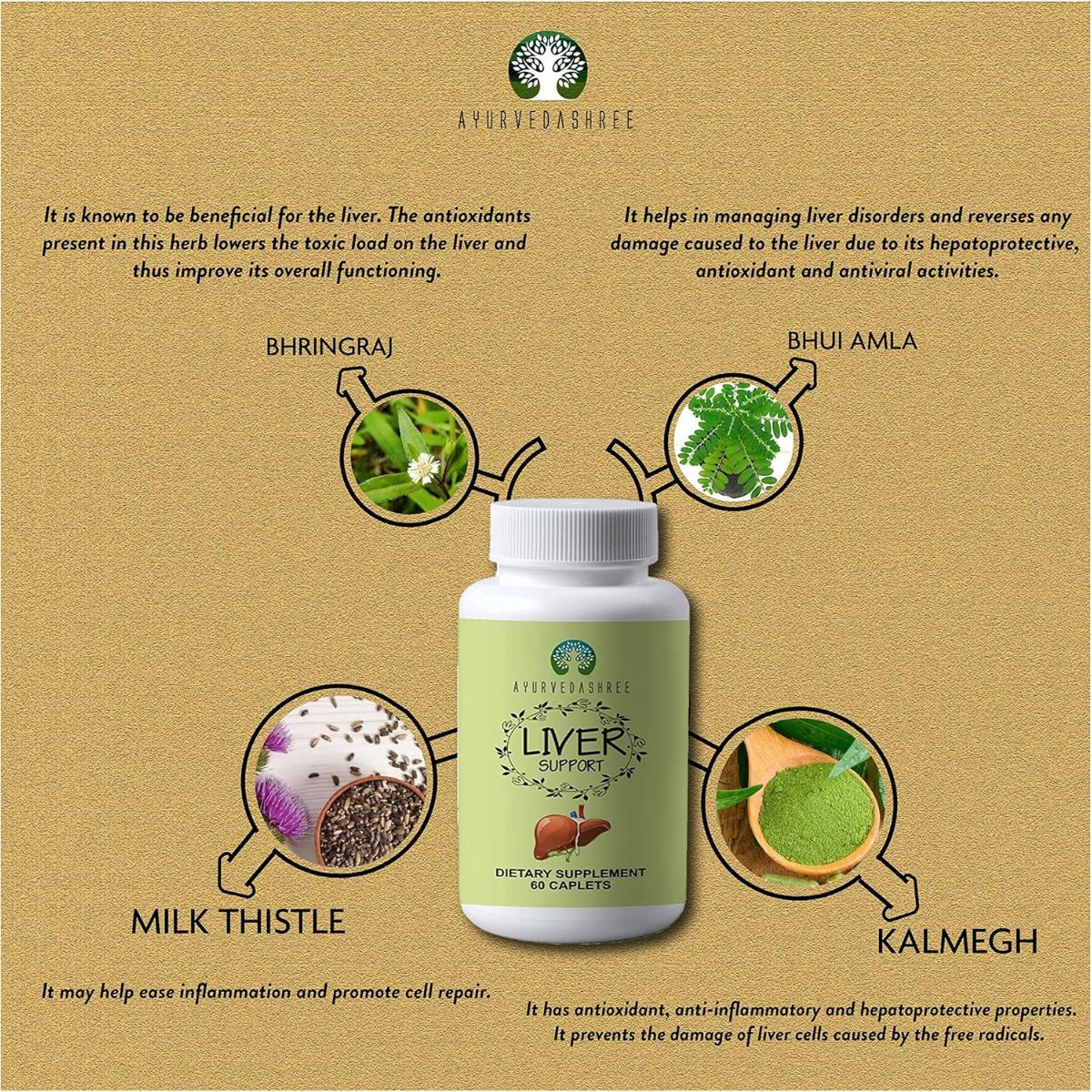 Ayurvedashree Liver Support - 60Caplets| 100% Vegetarian | 100% Ayurvedic Formula.