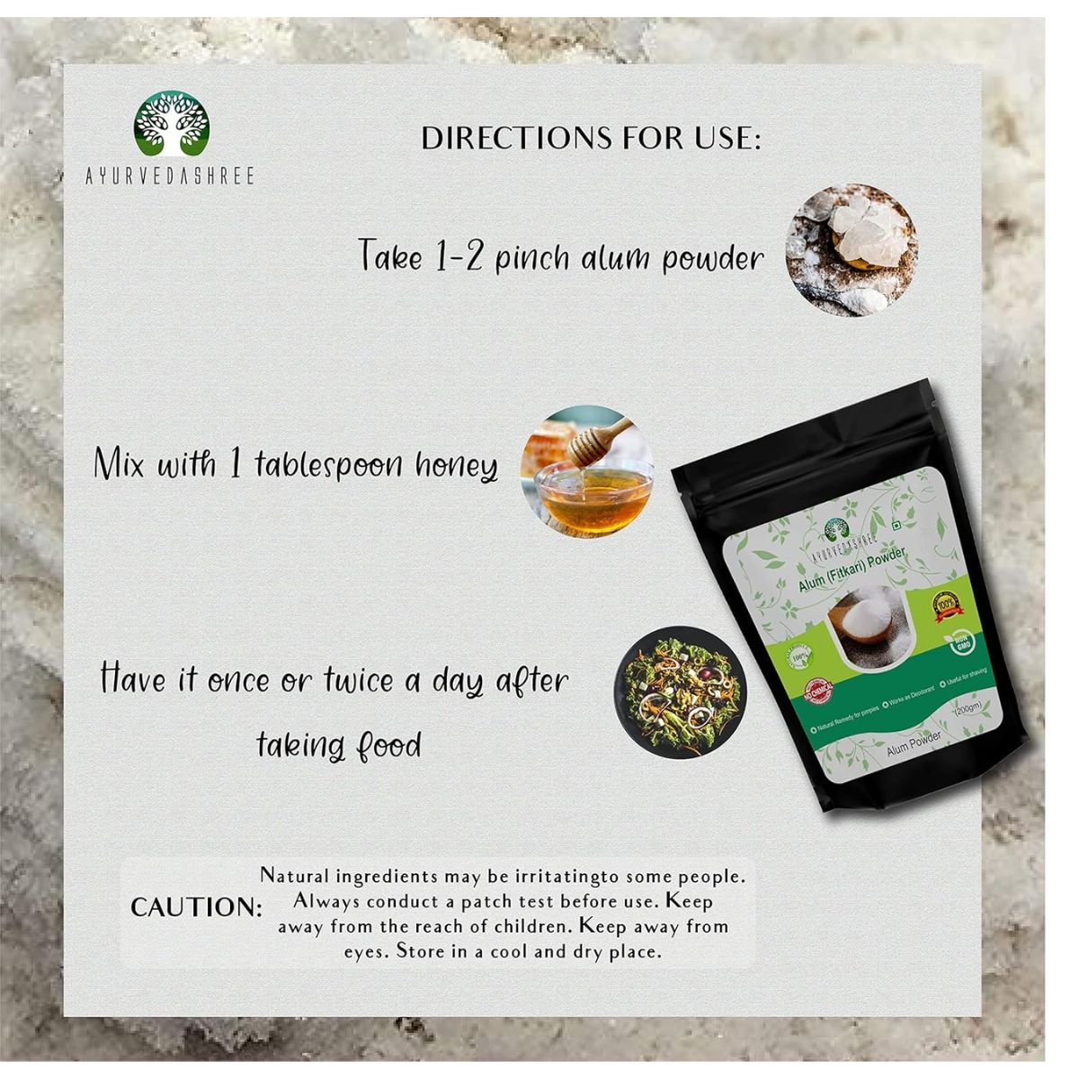 Ayurvedashree Alum Powder 200 Gm | Food Grade | Granulated Powdered Alum | Food Preservative Preserving Pickles | Phitkari | Fitkari