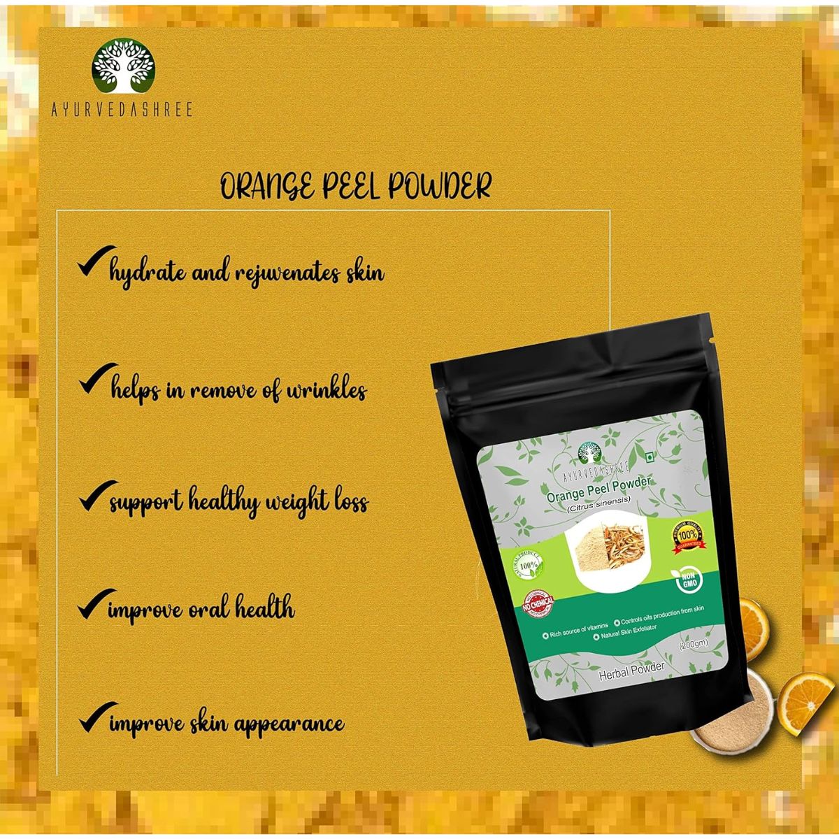 Ayurvedashree Orange Peel Powder 200 Gm | Skin And Nail Health - Rich Vitamins C And D - Powdered Citrus Peel Orange Powder