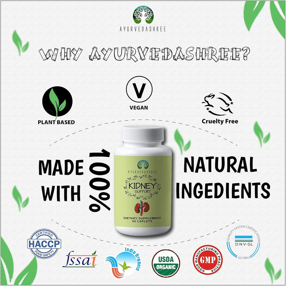Ayurvedashree Kidney Support Herbal Supplement - Supports Healthy Kidney Function, Vegan, Gluten-Free, Gmp Certified - Each Caplet Of 1000 Mg