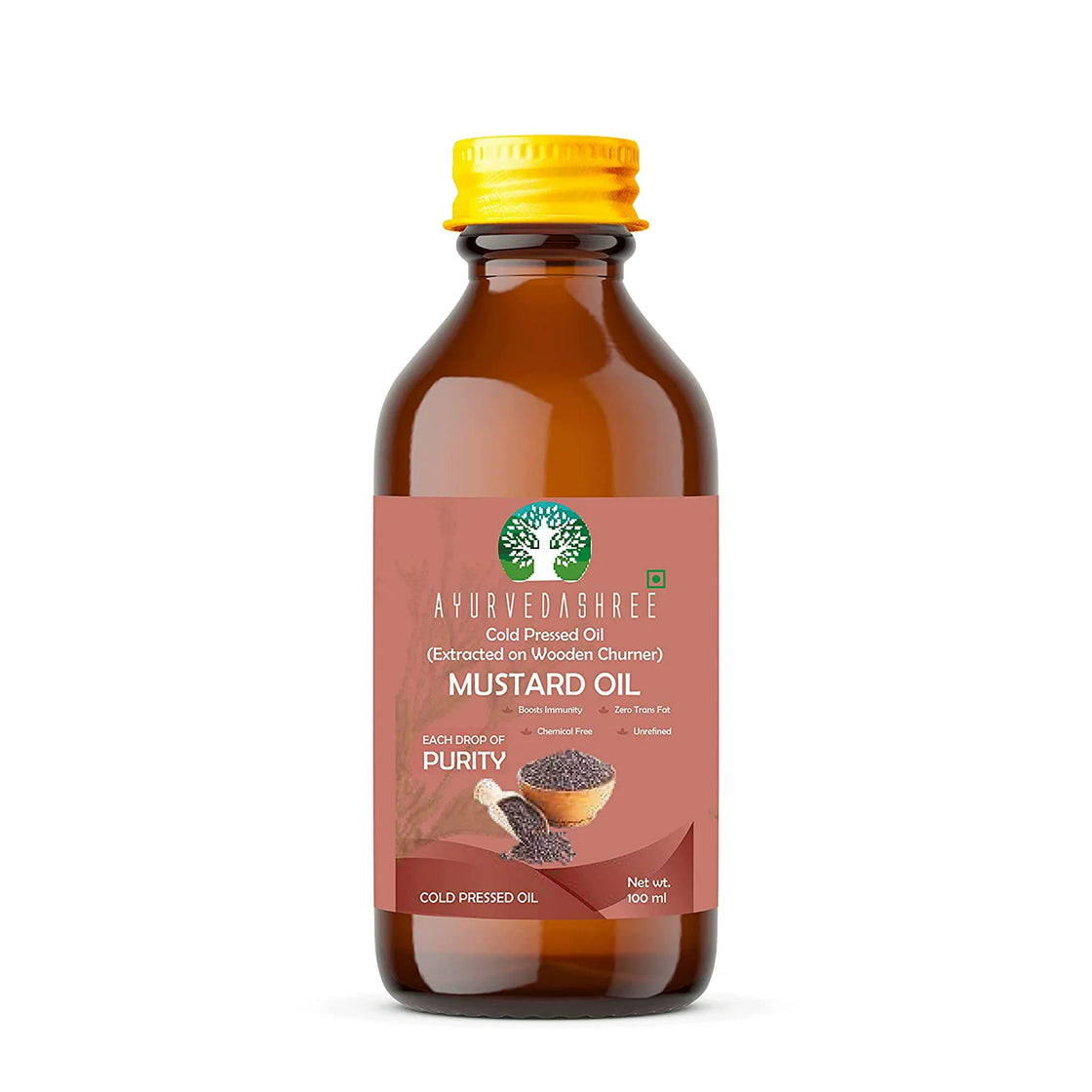 AYURVEDASHREE Mustard Oil 3.38 fl oz.. Cold Pressed Oil, Extracted on Wooden Churner with Traditional Method to Sustain maximum nutrition, Cold-Pressed, 100% Pure & Natural, No GMO,Untreated and Unref