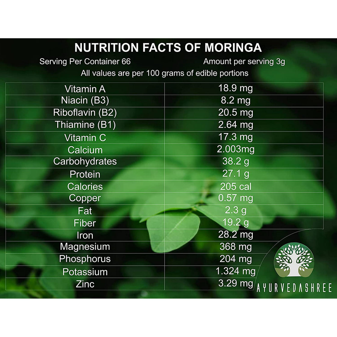 AYURVEDASHREE Moringa Leaf Powder 200 Gm, Moringa Olifera Powder, Lab Tested for Purity, Non GMO, GMP Certified, Vegan.