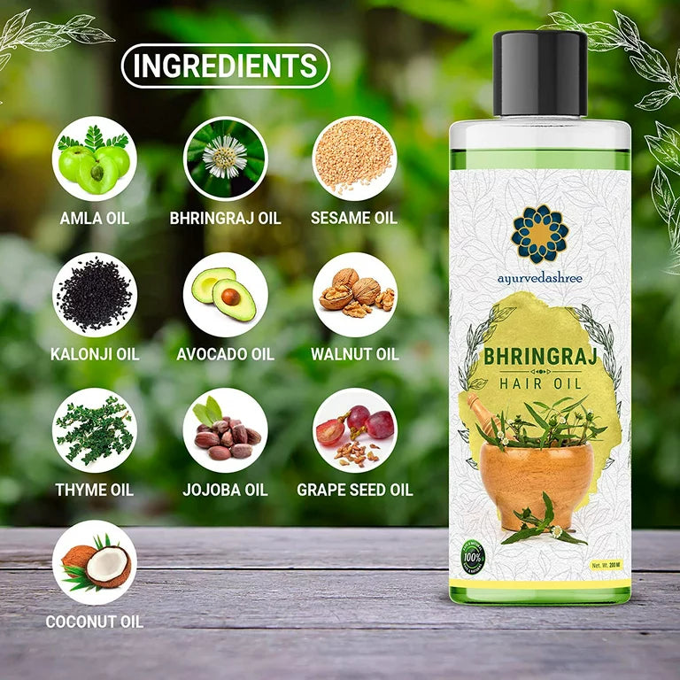 AYURVEDASHREE Bhringraj Hair Oil 6.76 fl oz., with Bhringraj Oil, Amla Extract, Kalonji Oil, Seasme Oil, Avacado Oil, Walnut Oil, Thyme Oil, Jajoba Oil, Grape Seed Oil & Coconut Oil 200 ml