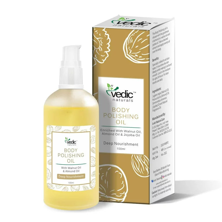 Vedic Naturals Body Polishing Oil Enriched With Walnut Oil, Almond Oil & Jojoba Oil - 100ml | Deep Nourishment & Reduces Cellulite | Soft & Smooth Skin | 100% Natural & Organic