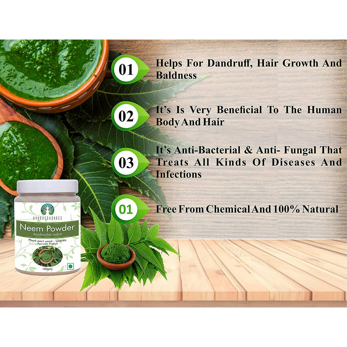 AYURVEDASHREE Neem Leaf Powder 100 Gm - Azadirachta Indica, Wild Crafted Neem Leaf Powder, Very Bitter Neem Supplement for Skin Hair and Detox, Non GMO, Gluten Free, Vegan