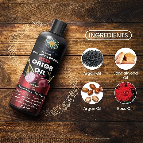 AYURVEDASHREE Red Onion Hair Oil 500 Ml with Black Seed Onion Oil, Pure Argan Oil, Sandalwood Oil, Rose Oil