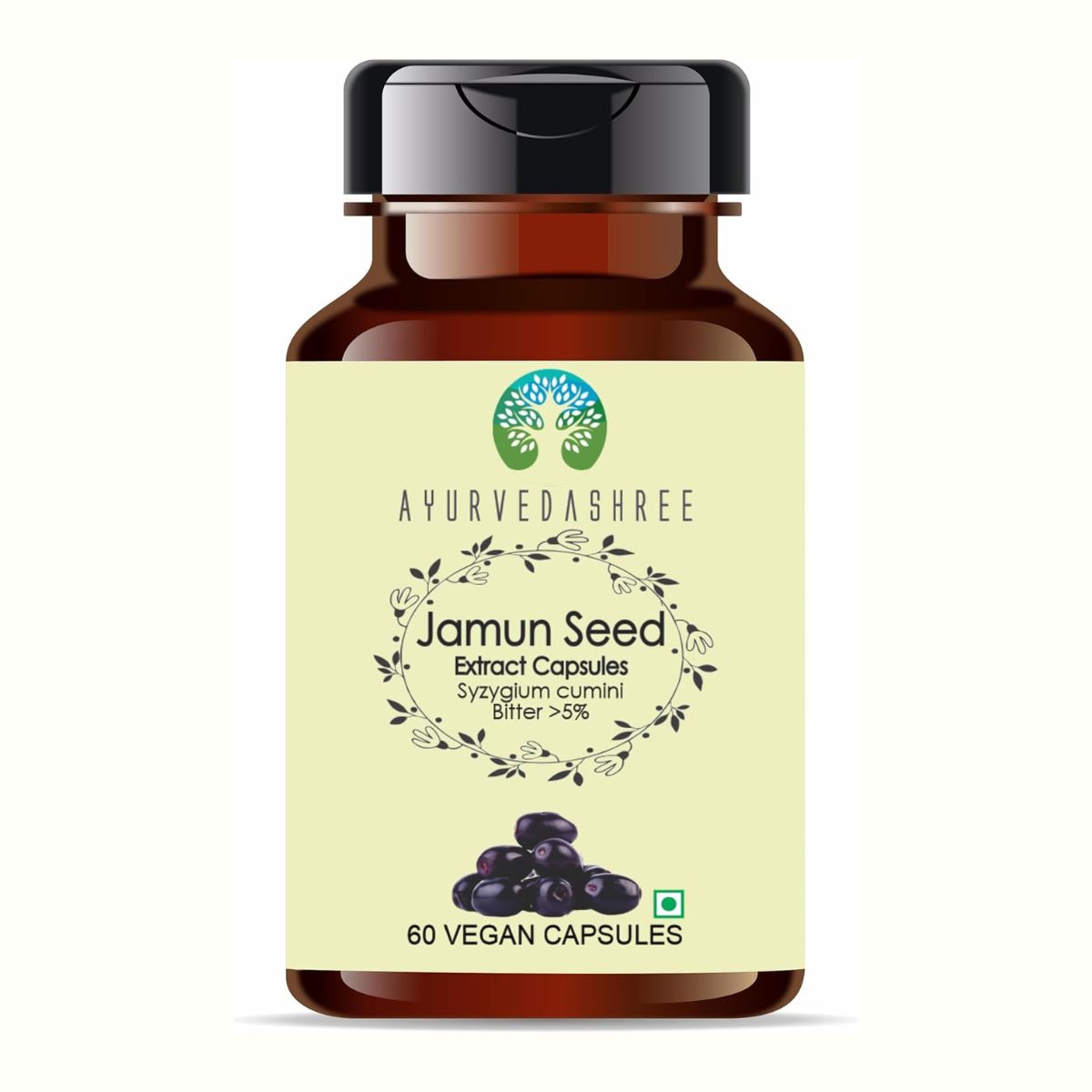 Ayurvedashree Jamun Seed 500Mg - 60 Vegetarian Capsules | Indian Blackberry | Eugenia Jambolana |