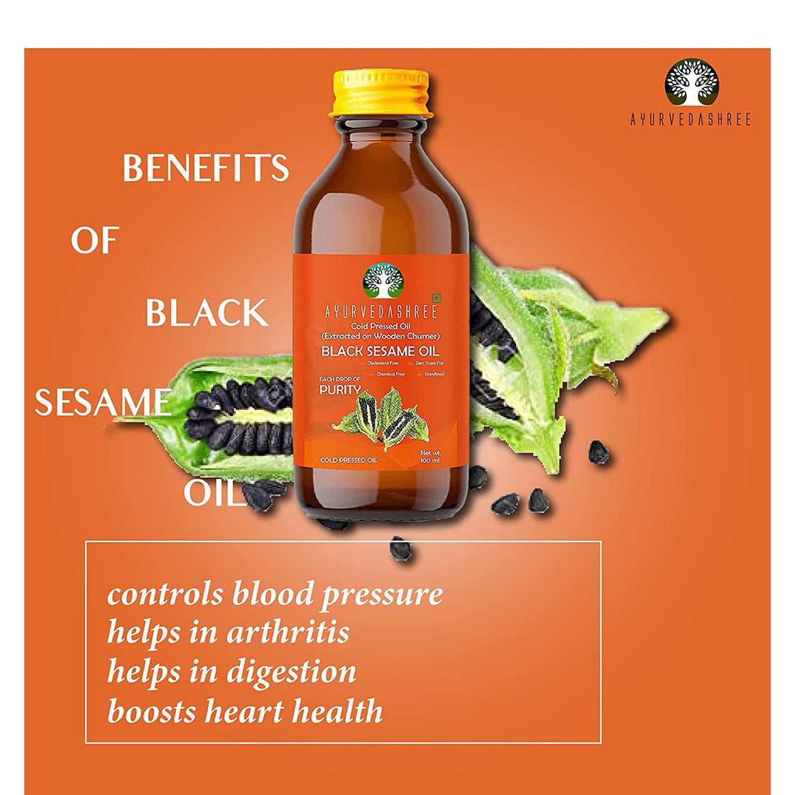 AYURVEDASHREE Black Sesame Oil 3.38 fl oz., Cold Pressed Oil 100% Pure & Natural.