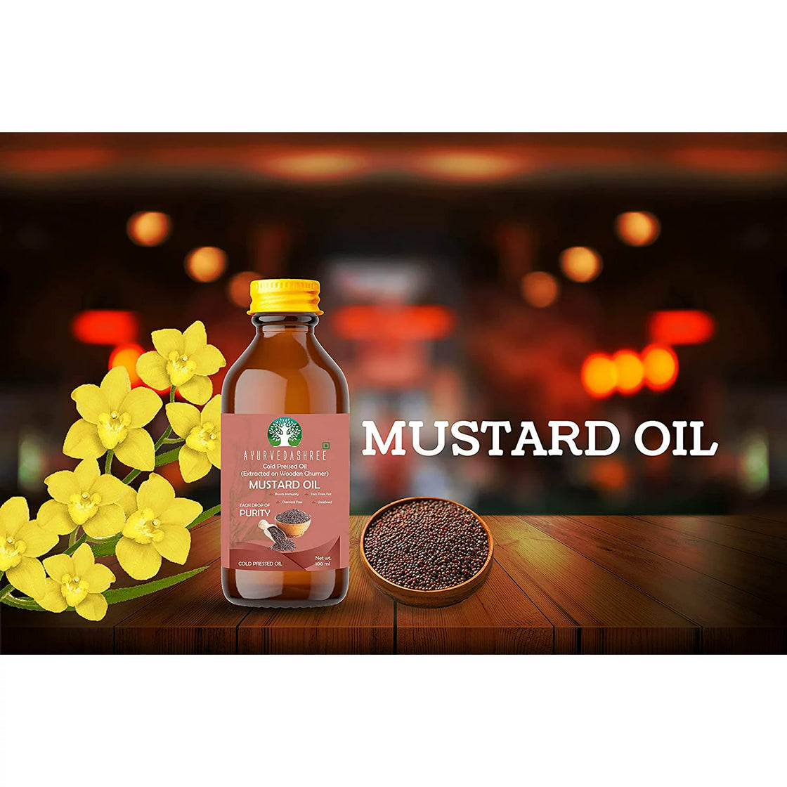 AYURVEDASHREE Mustard Oil 3.38 fl oz.. Cold Pressed Oil, Extracted on Wooden Churner with Traditional Method to Sustain maximum nutrition, Cold-Pressed, 100% Pure & Natural, No GMO,Untreated and Unref