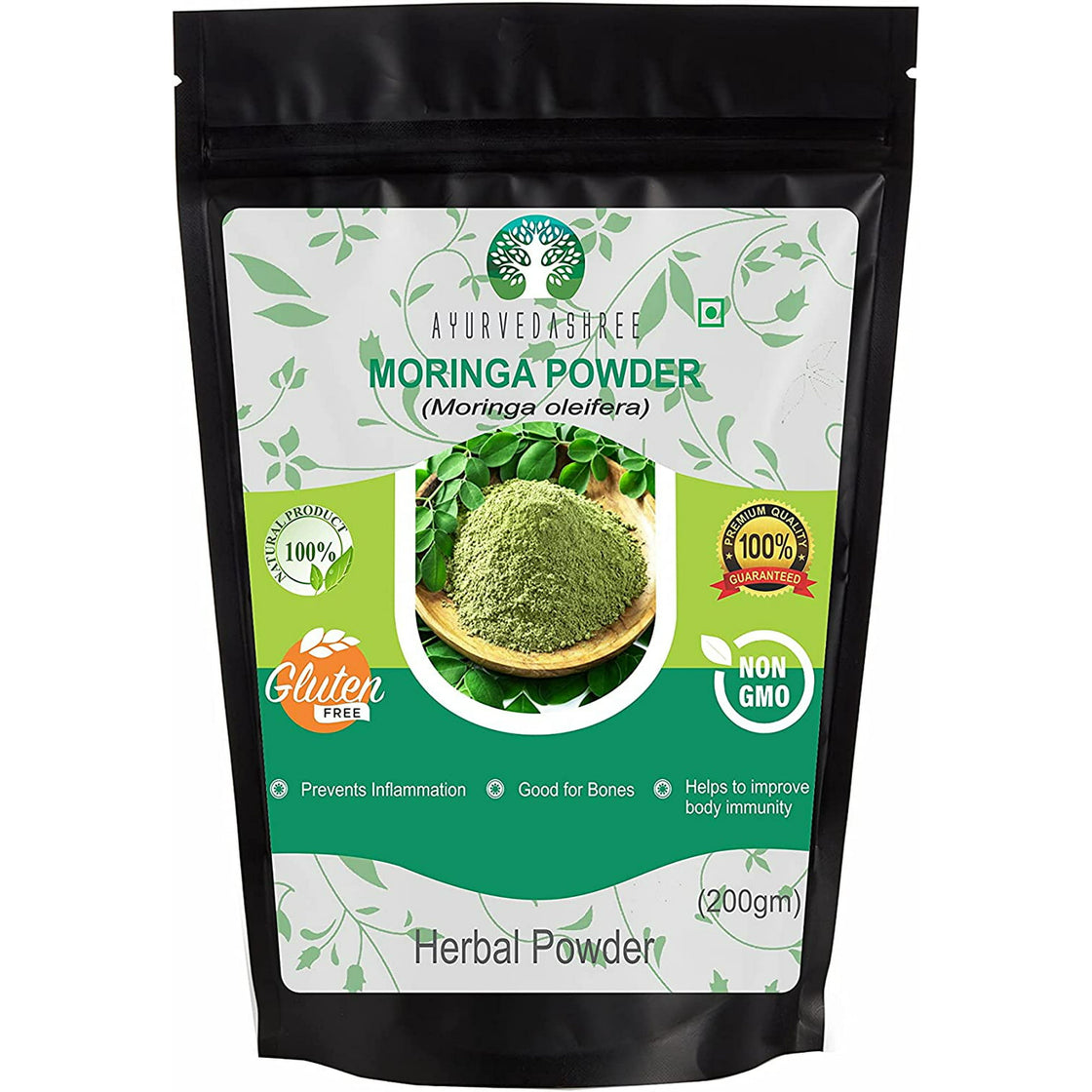 AYURVEDASHREE Moringa Leaf Powder 200 Gm, Moringa Olifera Powder, Lab Tested for Purity, Non GMO, GMP Certified, Vegan.