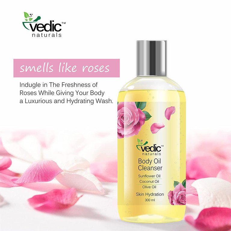 Vedic Naturals Body Oil Cleanser (Body Wash) . Shower Oil -300ml . Skin Hydration . Soft & Smooth Skin . With Goodness of Sunflower Oil , Coconut Oil , Olive Oil & Almond Oil . Natural & 100% Organic