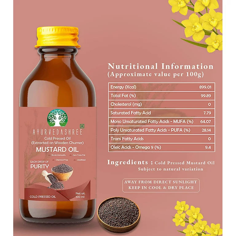 AYURVEDASHREE Mustard Oil 3.38 fl oz.. Cold Pressed Oil, Extracted on Wooden Churner with Traditional Method to Sustain maximum nutrition, Cold-Pressed, 100% Pure & Natural, No GMO,Untreated and Unref