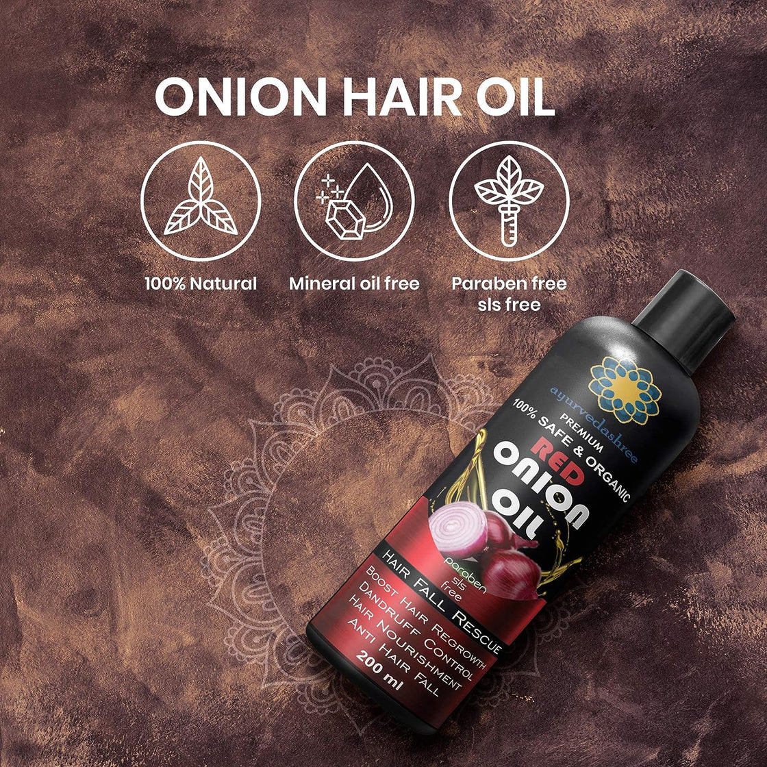 AYURVEDASHREE Red Onion Hair Oil For Hair Regrowth &amp; Hair Fall with Black Seed Onion Oil, Pure Argan Oil, Sandalwood Oil, Rose Oil - Organic- Intensive Hair Fall Dandruff Treatment- 20