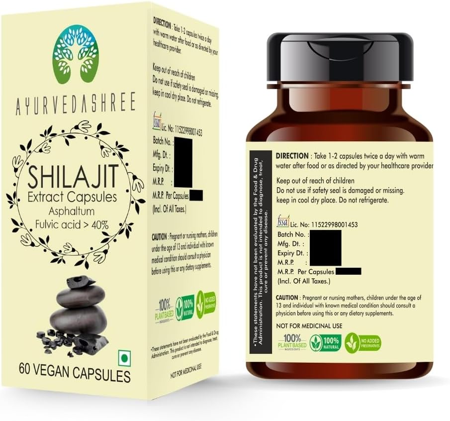 Shilajit Extract Capsules 1000mg – with 40%+ Fulvic Acid – 60 Veg Capsules for Men & Women