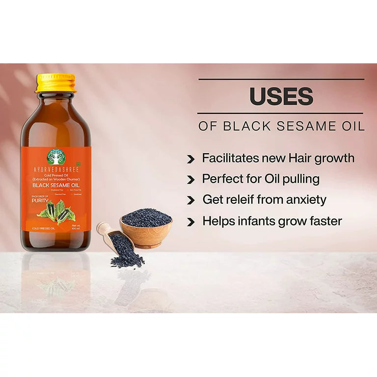 AYURVEDASHREE Black Sesame Oil 3.38 fl oz., Cold Pressed Oil 100% Pure & Natural.