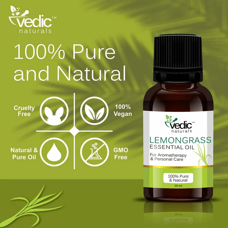 Vedic Naturals Lemongrass Essential Oil For Hair and Skin ,Aromatherapy & Personal care 100% Natural & Pure – 15 ml