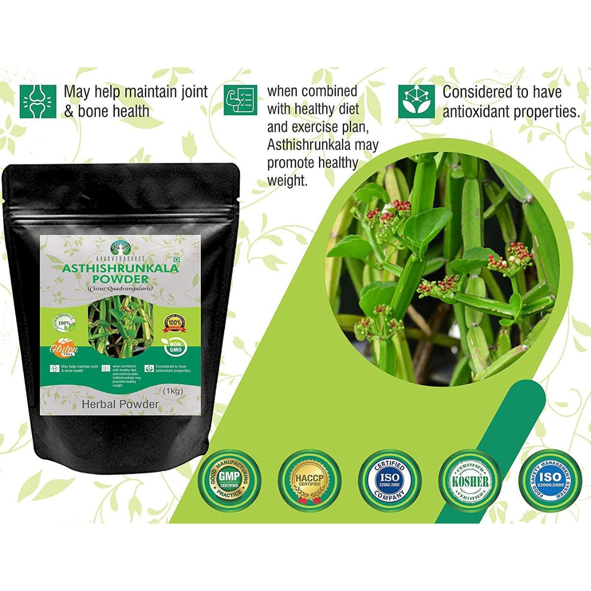 Asthishrunkala Powder Cissus Quadrangularis 1 Kg Pack | Non Gmo - Gluten Free