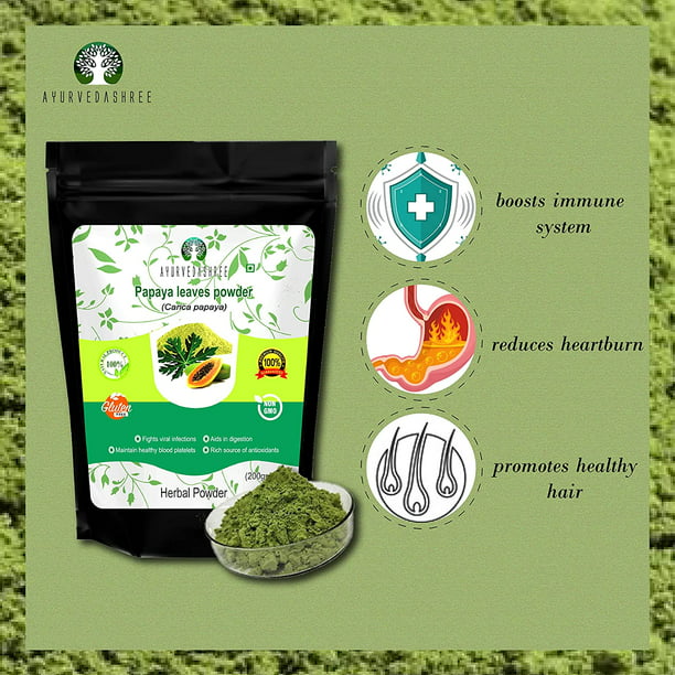 AYURVEDASHREE Papaya Leaf Powder 200 Gm | Dried from Fresh Green Leaves, Good to Make Tea, Juice Extract, 100% Leaves Powder(No Fruit, No Seeds) | Non-GMO,Vegan | Herbal & Natural