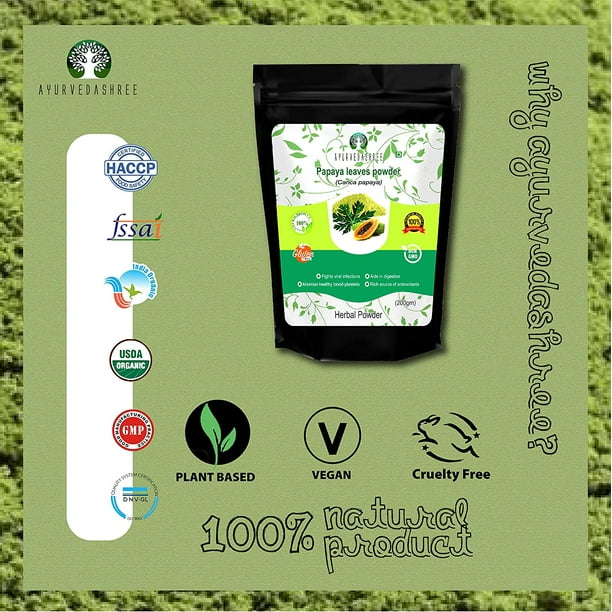 AYURVEDASHREE Papaya Leaf Powder 200 Gm | Dried from Fresh Green Leaves, Good to Make Tea, Juice Extract, 100% Leaves Powder(No Fruit, No Seeds) | Non-GMO,Vegan | Herbal & Natural