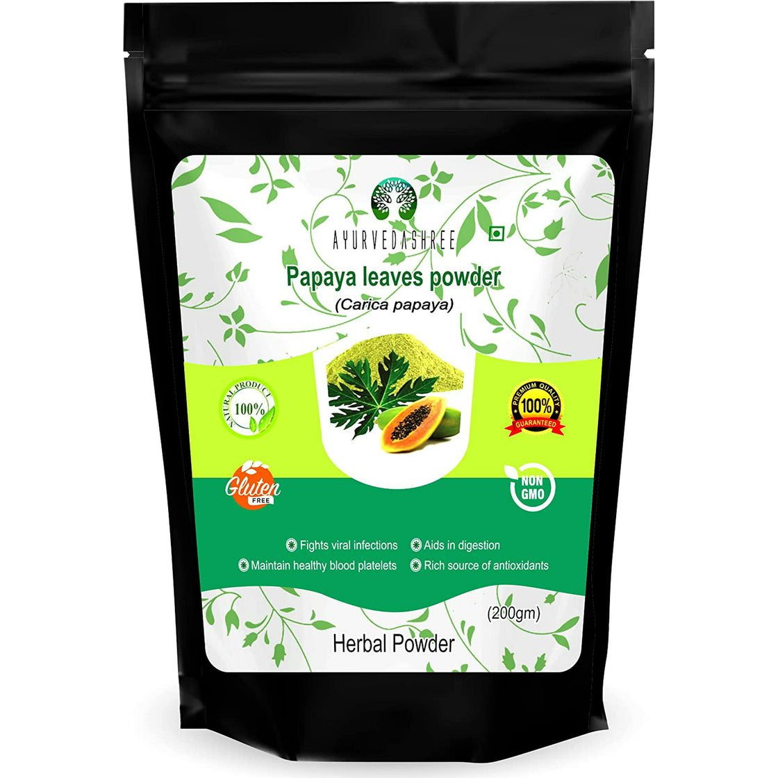 AYURVEDASHREE Papaya Leaf Powder 200 Gm | Dried from Fresh Green Leaves, Good to Make Tea, Juice Extract, 100% Leaves Powder(No Fruit, No Seeds) | Non-GMO,Vegan | Herbal & Natural