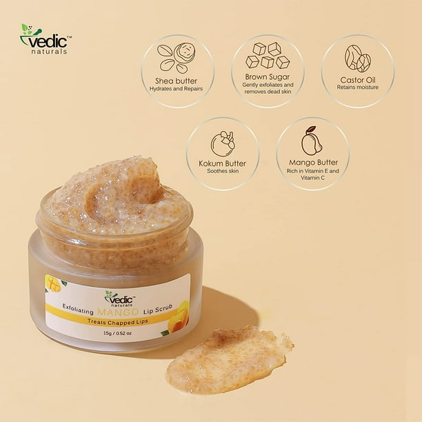 Vedic Naturals Exfoliating Mango Lip Scrub-15g . Treats Chapped Lips & Reduces Pigmentation