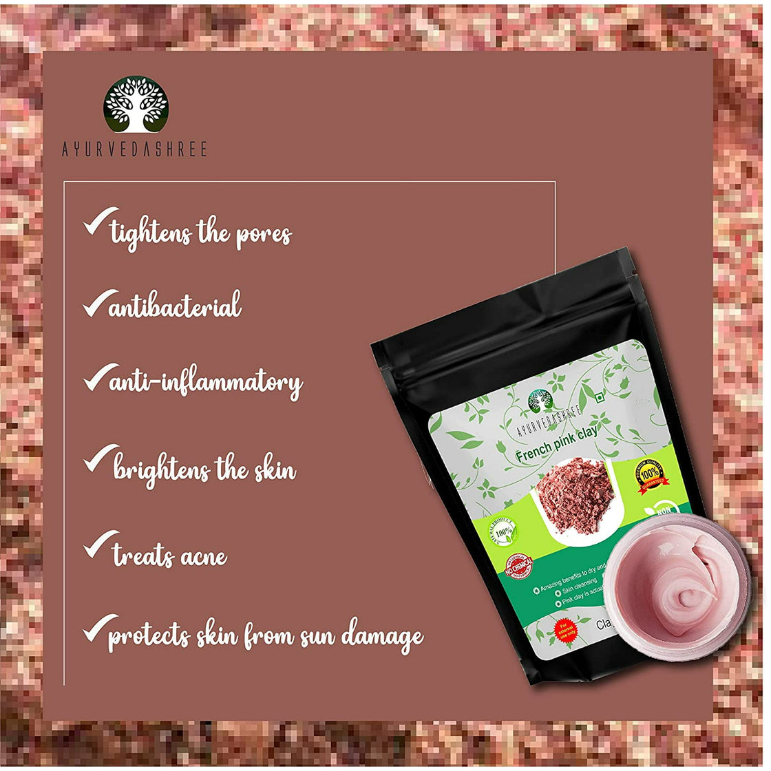 AYUREDASHREE French Pink Clay Powder 200 Gm | Montmorrillonite Pink Clay (French Rose Clay) | Mild, Hydrating Clay suitable for Sensitive, Matured & Acne-Prone Skin | Face mask | 100% natural powder